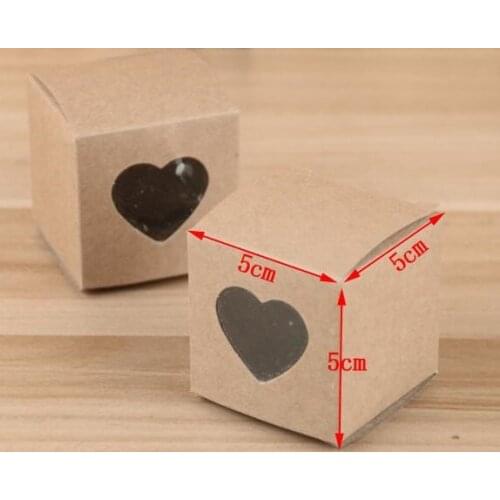 50Pcs Brown Kraft Paper Box Cardboard Candy Boxes Wedding Box With Heart Window Small Gift Packaging Boxes 5x5x5cm