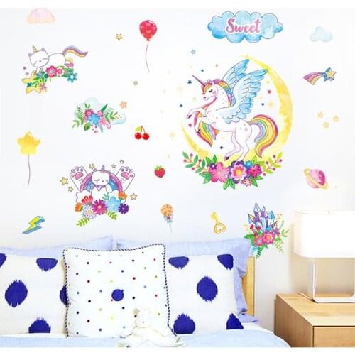 Flower Unicorn Sweet Moon Cats Wall Stickers Cartoon home Decor Wedding Decoration Kids Headboards Bedroom Decal Nursery Mural