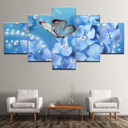 Cross Stitch Painting Blue Flowers Butterfly 5D 5 Pcs Diamond Home Decor Picture Modern Embroidery Pattern Full Round Drill Wall