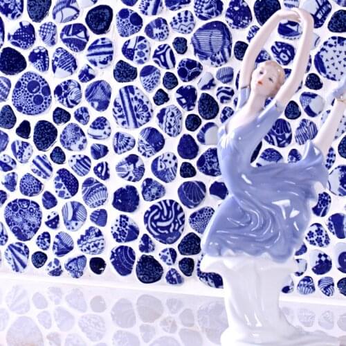 Ceramic blue and white porcelain cobble mosaic HMCM1041 for mesh backing bathroom wall floor kitchen backsplash