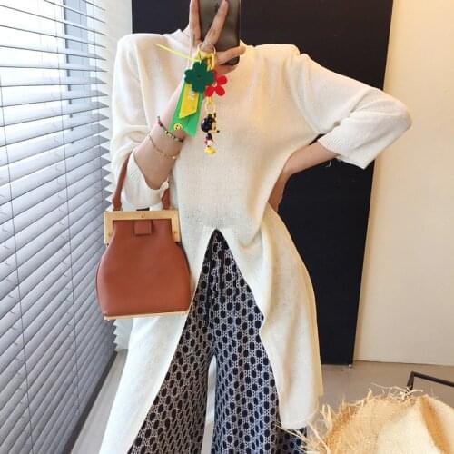 Korean Chic Summer Leisure All-Match Round Neck Pullover Thin Loose Mid-Length Split Design Knit Sweater Top