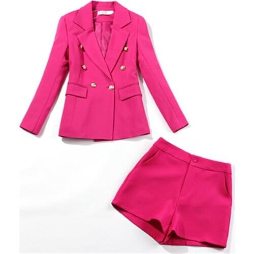 Fashion pants Suit two-piece summer fall New women rose red Leisure double-breasted professional suit jacket shorts suit women
