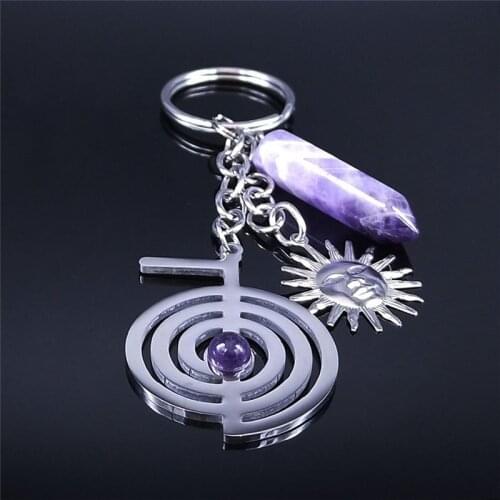 Life Spiral Purple Crystal Hexagonal Column Quartz Stainless Steel Keyring Women Jewelry porte clef femme bijou N4242S02