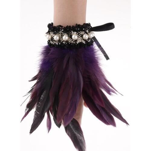 Feather Wrist Cuffs Gothic Punk Rooster Feather Arm Cuffs Faux Pearl/Lace Real Feather Wrist Cuffs Stage Party Halloween Costume