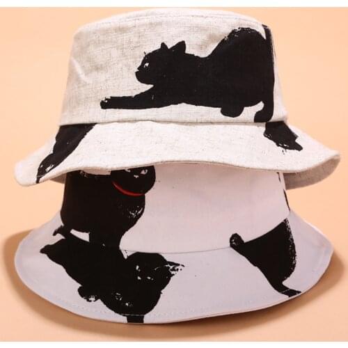 Cute Cat Print Bucket Hat Double-faced Unisex Cotton Fishermen Cap Summer Outdoor Panama Hat Summer Sun Hats For Women Men Gorro