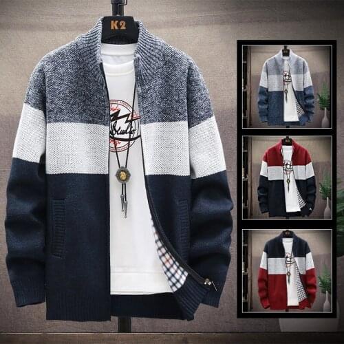 Mens Fall/Winter Patchwork Grab Cradle Heavy Wool Sweater Loose Casual Casual Baseball Collar Zip Cardigan Jacket