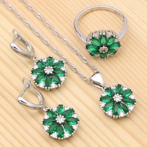 925 Silver Jewelry Sets For Women Natural Green Cubic Zirconia White Crystal Flower Pendant Necklace Ring Earrings