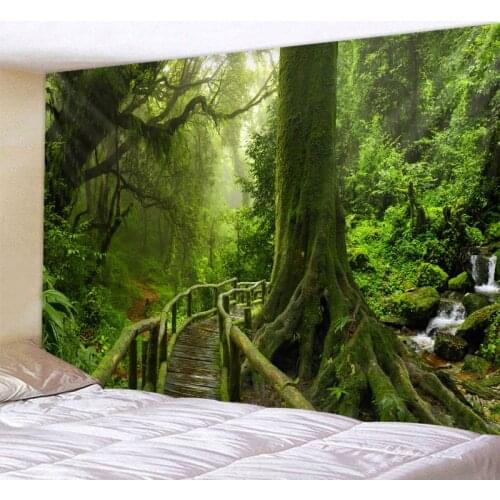 Nature Jungle Waterfall Tapestry Psychedelic Forest Landscape Wall Mount Mandala Home Decor Hippie Bohemian Yoga Mattress Sheet