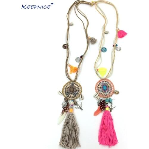 2017 New Bohemian jewelry Dream catcher pendant necklace pink tassel feather tauren taurus leaf charm statement Necklace