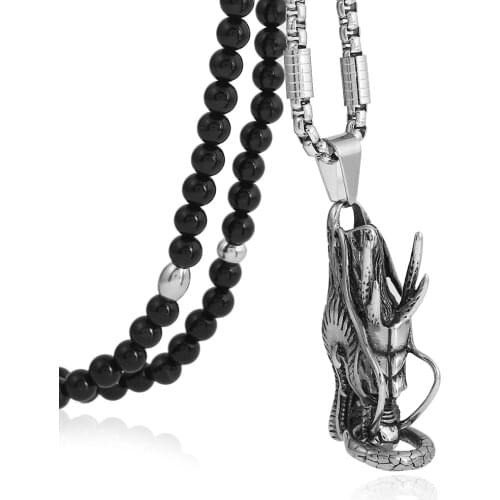 Stainless Steel Dragon Pattern Lucky Pendant Necklace with Black Natural Stone Chain 26"