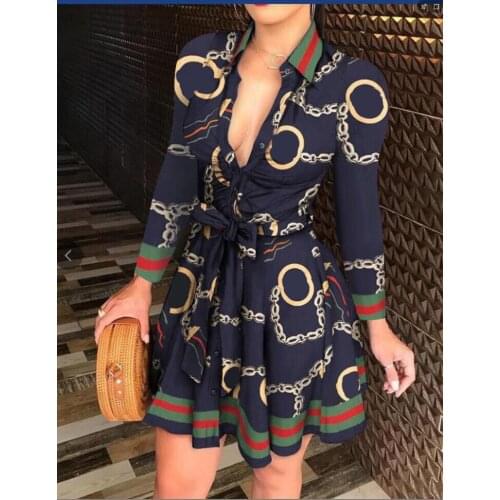 Sexy y2k Women Deep V-neck Shirt Dress Spring Autumn Long Sleeve Chain Print Mid-calf Dresses Laides Up Party Dresses Clubwear