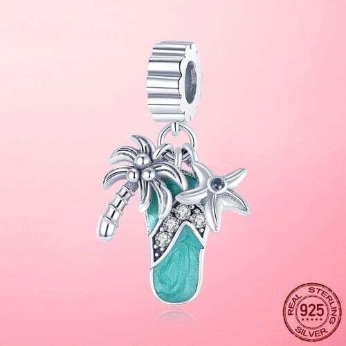 Coconut Tree Pendant 925 Sterling Silver Palm Tree Starfish Dangle Charm fit Original Pandora Beads Bracelet Necklace Jewelry