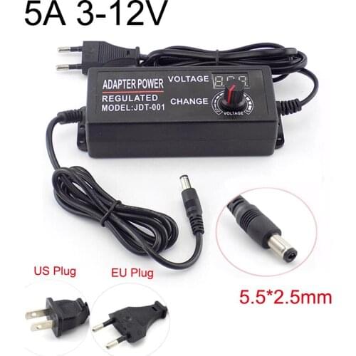 Adjustable Adapter AC 100-220V to DC 3-12V 5A Power Supply 5.5*2.5mm US EU Plug for Led Strip Light Display Screen Charger