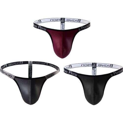 Mens Thongs Underwear G-String Quick-Drying Comfortable Faux Leather Bulge Pouch Briefs Low Waist Letter Print Elastic Waistban