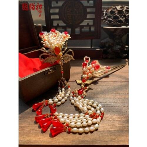 YZQ Feng Xi Vintage Original Handmade Full Pearl Beads Phoenix Hair Tiara with Long Tassel Hair Sticks Ming Dynasty Tiao Pai