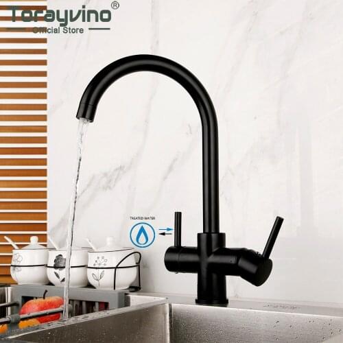 Torayvino 360 Degree Swivel Matte Black Kitchen Vessel Sink Faucet Brass Drinking Deck Mount Dual Handles Tap Mixer Water Taps
