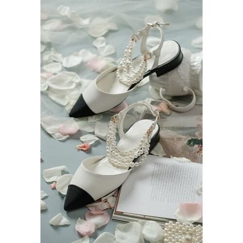 Summer color matching pointed pearl chain low heel flat work single shoes banquet dress all-match comfortable female sandals