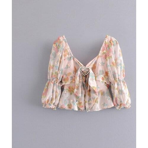 Summer Women Sweet Heart Sequins Embroidery Floral Print Smock 2019 Female Square Backless Sexy Blouse Casual Blusas Mujer