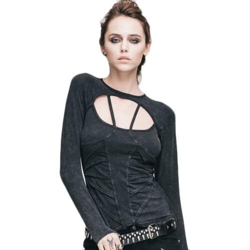 Devil Fashion Gothic Punk T-shirt Women Sexy Long Sleeve Backless T-shirt Autumn Round Neck Cotton Steampunk Top Tees Dark Grey