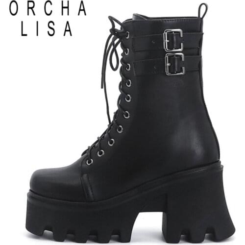 2021 Gothic Women Ankle Boots High Platform Motorcycle Lace Up Buckle Top Quality Autumn Winter Warm Chunky High Heels talons