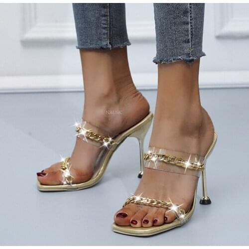 Womens Sandals 2021 Summer New Womens Slippers Large Size High Heels Metal Chain Thin Heel Square Sandals Womens PU Material
