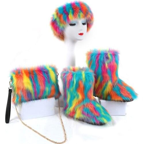 Womens Winter Faux Fox Fur Boots Fluffy Plush Shoes Bags Sets Womens Fur High Snow Boots Ladies Furry Slides Rain Headbands