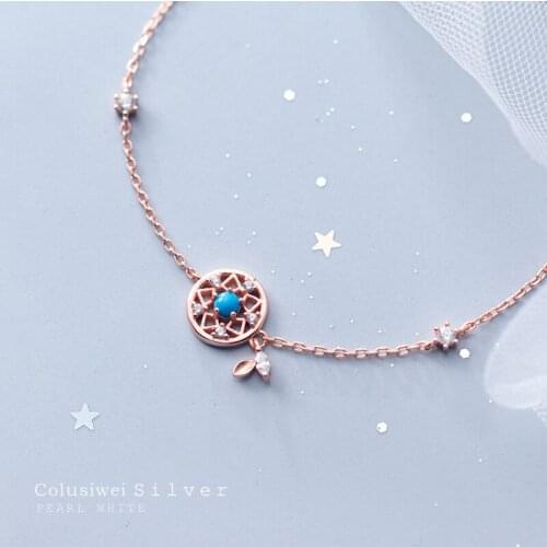 Colusiwei Round Turquoise Tree Leaf Chain Bracelet for Women Sterling Silver 925 Star Jewelry Rose Gold Color Bracelets 2020 NEW