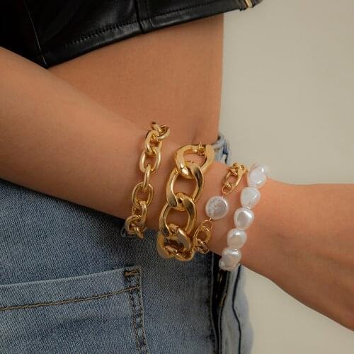 Bohemian Imitation Pearl Bracelet Bangles for Women Punk Aluminum Metal Thick Chunky Chain Bracelet Jewelry Wedding Party Gift