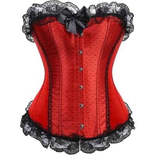 Sexy Satin Lace Bow Trim Pink Red Overbust Corset Women Body Shaping Tops S-6XL