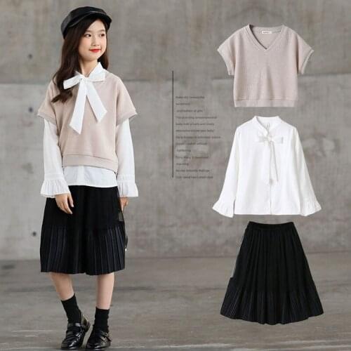 Teen Girls Clothing Sets Autumn Knitted Sweater+Vest Long-sleeved Shirt+Skirt Casual 3pcs kids girl Clothes suit Kids Tracksuit