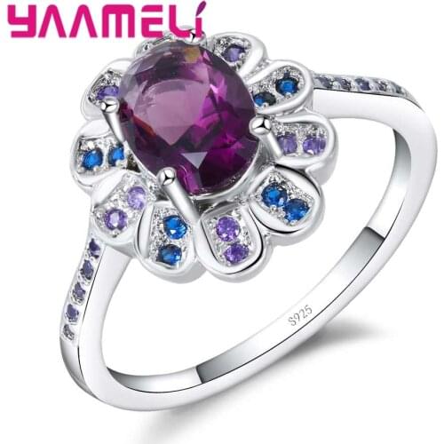 High Quality Wholesale Elegant Purple Flower Crystal Stone Ring 925 Sterling Silver Party Wedding Jewelry For Women