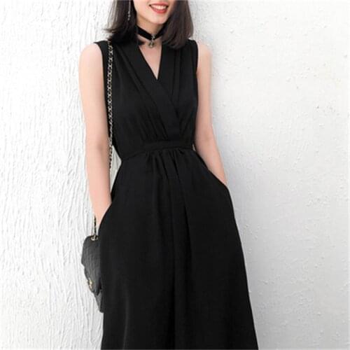 Fashion Chiffon black dress female New summer temperament retro high waist v-neck Hepburn style casual dress women dress