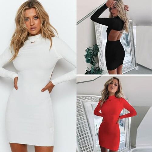 2020 Autumn and Winter European and American Sexy Backless Long Sleeves Turtleneck Sheath Dress Womens Clothing Red short dress