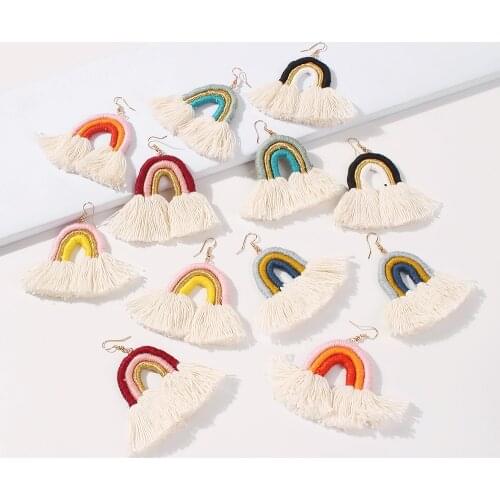 AENSOA Bohemian Tassel Rainbow Macrame Dangle Drop Earrings for Women Ethnic Vintage Weave Cotton Earring Party Jewelry Gifts