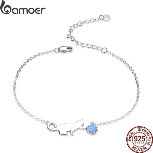 Bamoer Authentic 925 Sterling Silver Naughty Pussy Cat Opal Link Bracelet for Women Luxury Fine Jewelry Female Gifts SCB175