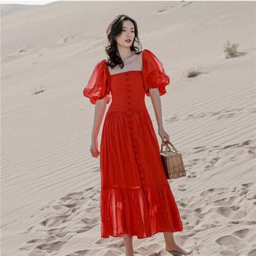 DUISNENA long red dress beach summer dress sexy square collar off-shoulder puff sleeve robe women dresses vestidos