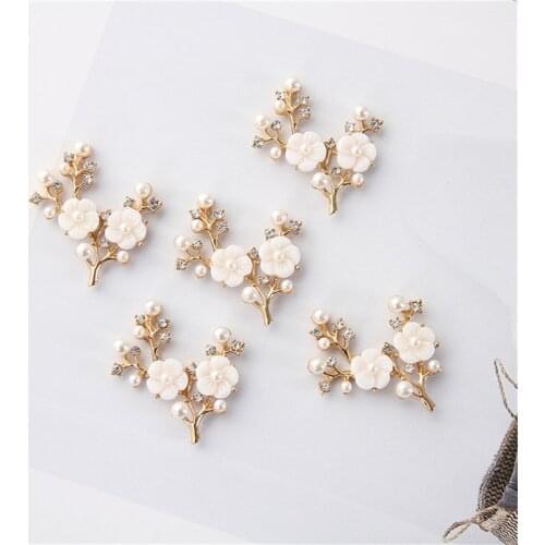 Julie Wang 2PCS Alloy Branch Charms With Rhinestone Flowers Fake Pearl Pendant Brooch Hairpin Jewelry Making Accessory