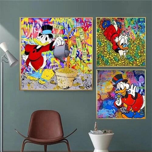Graffiti Art Donald Duck And Monry Canvas Painting Disney Rich Duck Character Poster Print Wall Art Picture Room Decor Cuadros