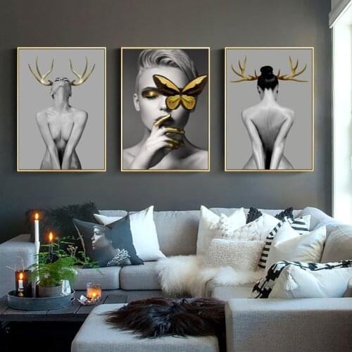Nordic Antlers Girls Figuars Canvas Painting Black White Nude Prints and Posters Morden Wall Art Pictures for Living Room Decor