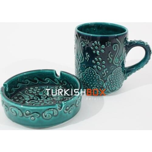 Coffee Mug + Ashtray Set 2pc. 11oz Green Turkish Ceramic Cup Unique Gift for Men Women. Birthday Mothers Fathers Day Present