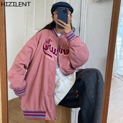Oversized sweet warm pink jacket female new Korean version loose college sweater kawaii winter student ins baseball uniform coat
