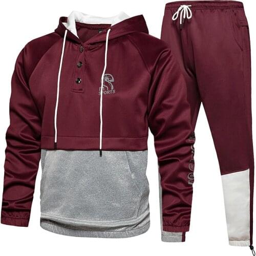 Mens Sportswear Suit Loose Color Matching Casual Long Sleeve Sport Hooded Sweatshirt with Patchwork Drawstring Pencil Trousers