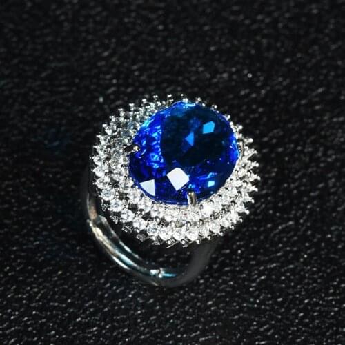 Luxury Jewelry Oval Blue Crystal Stone S925 Silvery Rings For Women Wedding High Grade Party Fashion Finger Ring Adjustable Size