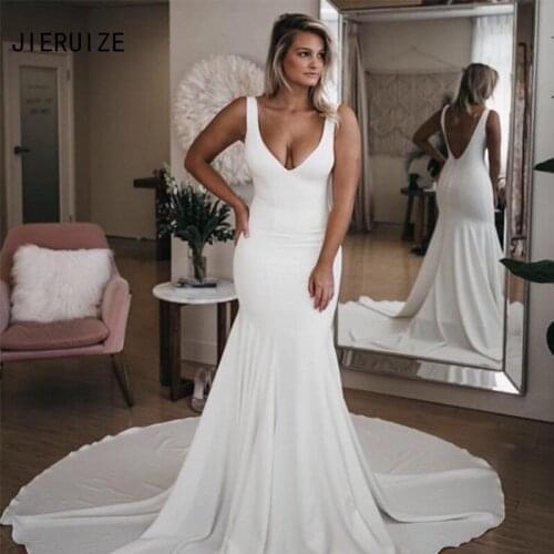 JIERUIZE Sexy Slim Beach Wedding Dresses Deep V Neck Backless White Ivory Soft Satin Mermaid Bridal Gowns Long robe de mariee