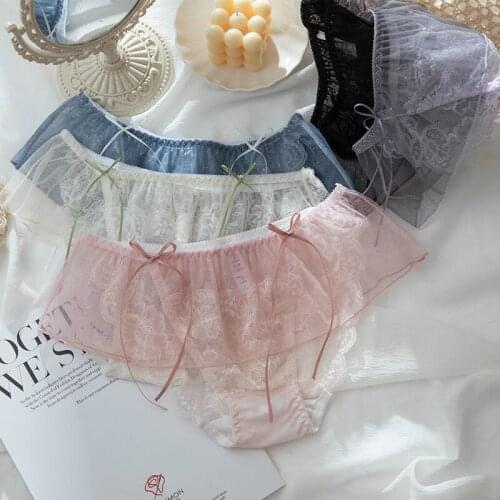 Sexy Womens Panties Mid-rise Waist Lace Mesh Sheer Underwear Cute Bow Knot Young Girl Underpants Ultrathin Attractive Lingerie