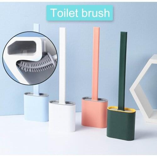 Silicone Wc Toilet Brush Wall Mounted Flat Head Flexible Soft Bristles Brush With Quick Drying Holder set for WC Accessories