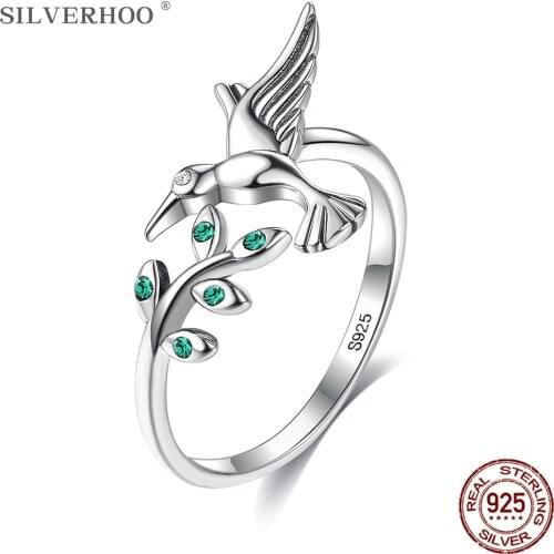 SILVERHOO Authentic Sterling Silver 925 Jewelry Bird & Tree Leaves Open Size Finger Rings For Women Green Cubic Zirconia Ring