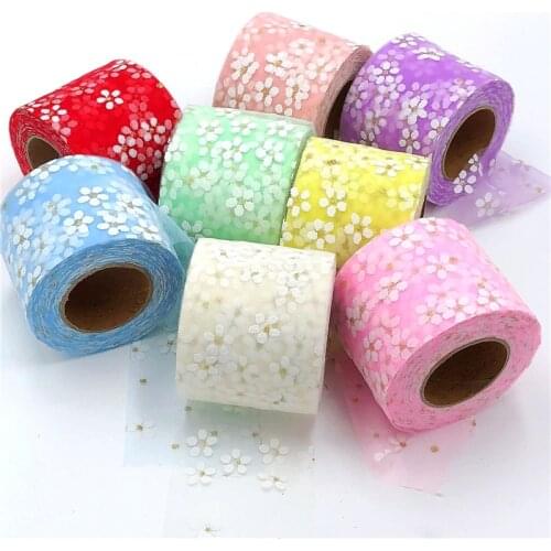6cm 25Yards Gold Stamping Small Plum Blossom Tulle Daisy Ribbon Roll DIY Handmade Craft Hair Ornament Mesh Fabric Supplies