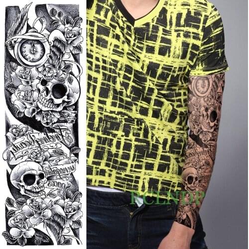 Waterproof Temporary Tattoo Sticker rose clock skull head full arm large size fake tatto flash tatoo sleeve for men women
