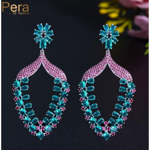 Pera Overpowering Blue Red Cubic Zirconia Silver Plated Long Big Water Drop Earrings for Ladies Summer Party Ear Jewelry E773